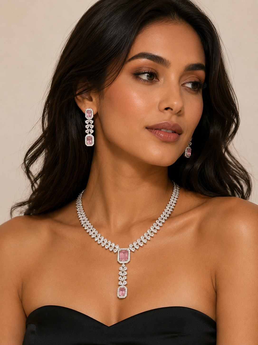Luxury Blush Pink Halo Necklace & Drop Earrings Set | Silver-Tone Bridal & Party Jewelry