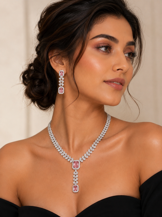 Luxury Blush Pink Halo Necklace & Drop Earrings Set | Silver-Tone Bridal & Party Jewelry