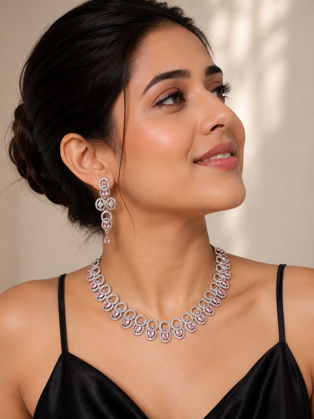 Pink Halo Crystal Necklace Set with Statement Drop Earrings | Silver-Plated Party & Wedding Jewelry