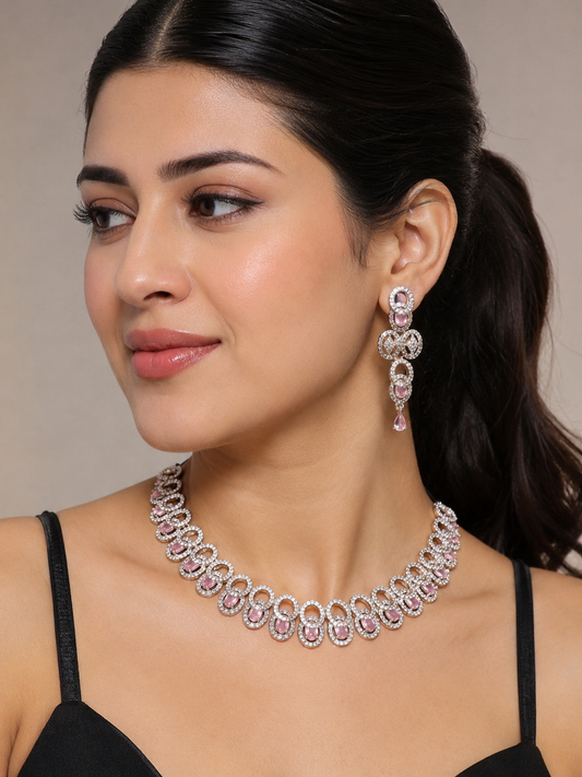 Pink Halo Crystal Necklace Set with Statement Drop Earrings | Silver-Plated Party & Wedding Jewelry