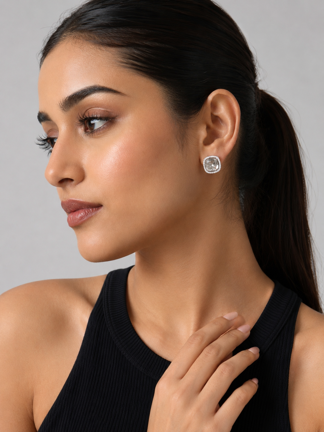 Elvion Radiant Cushion Halo Stud Earrings – Silver-Tone Crystal Elegance