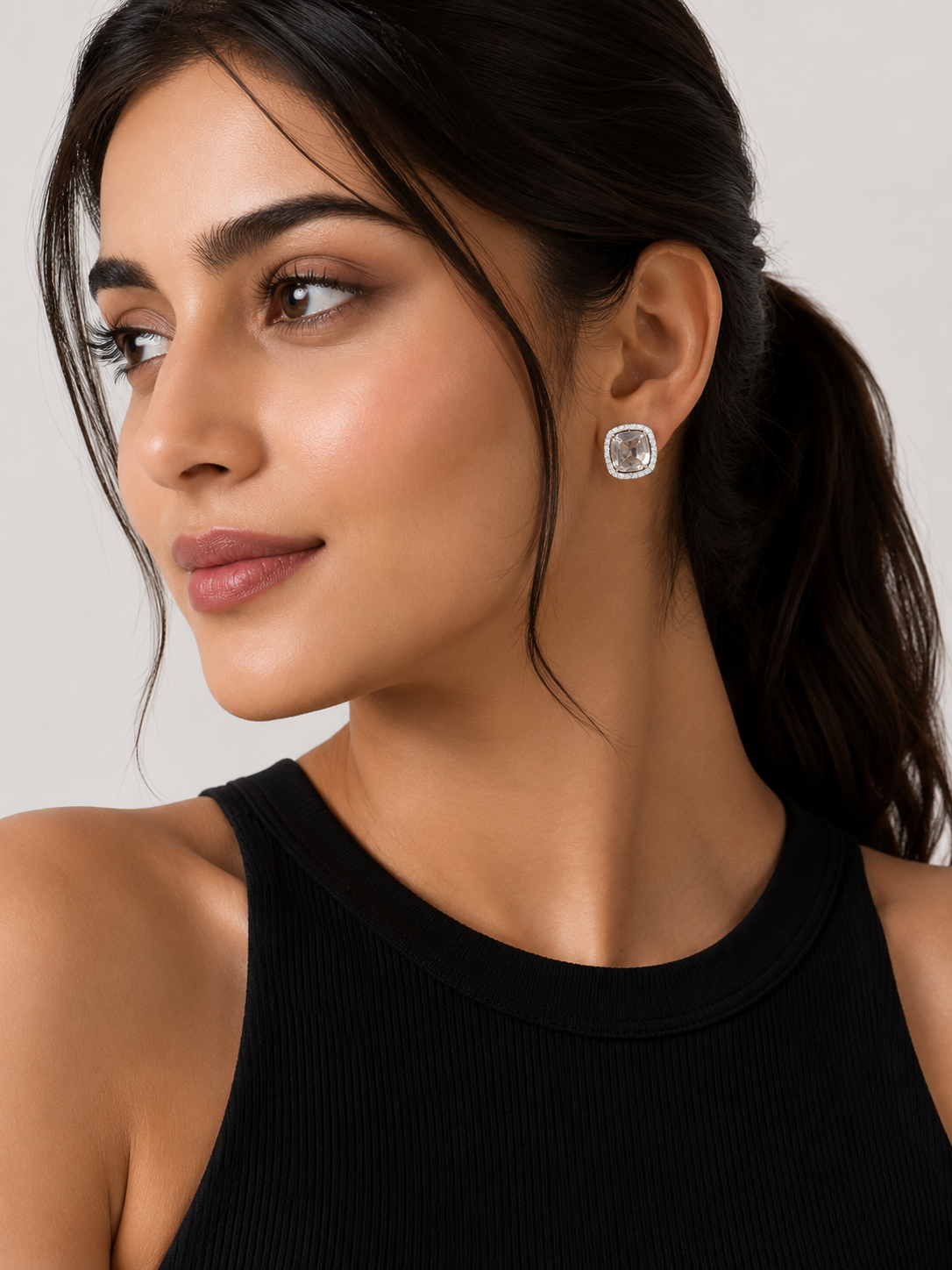 Elvion Radiant Cushion Halo Stud Earrings – Silver-Tone Crystal Elegance