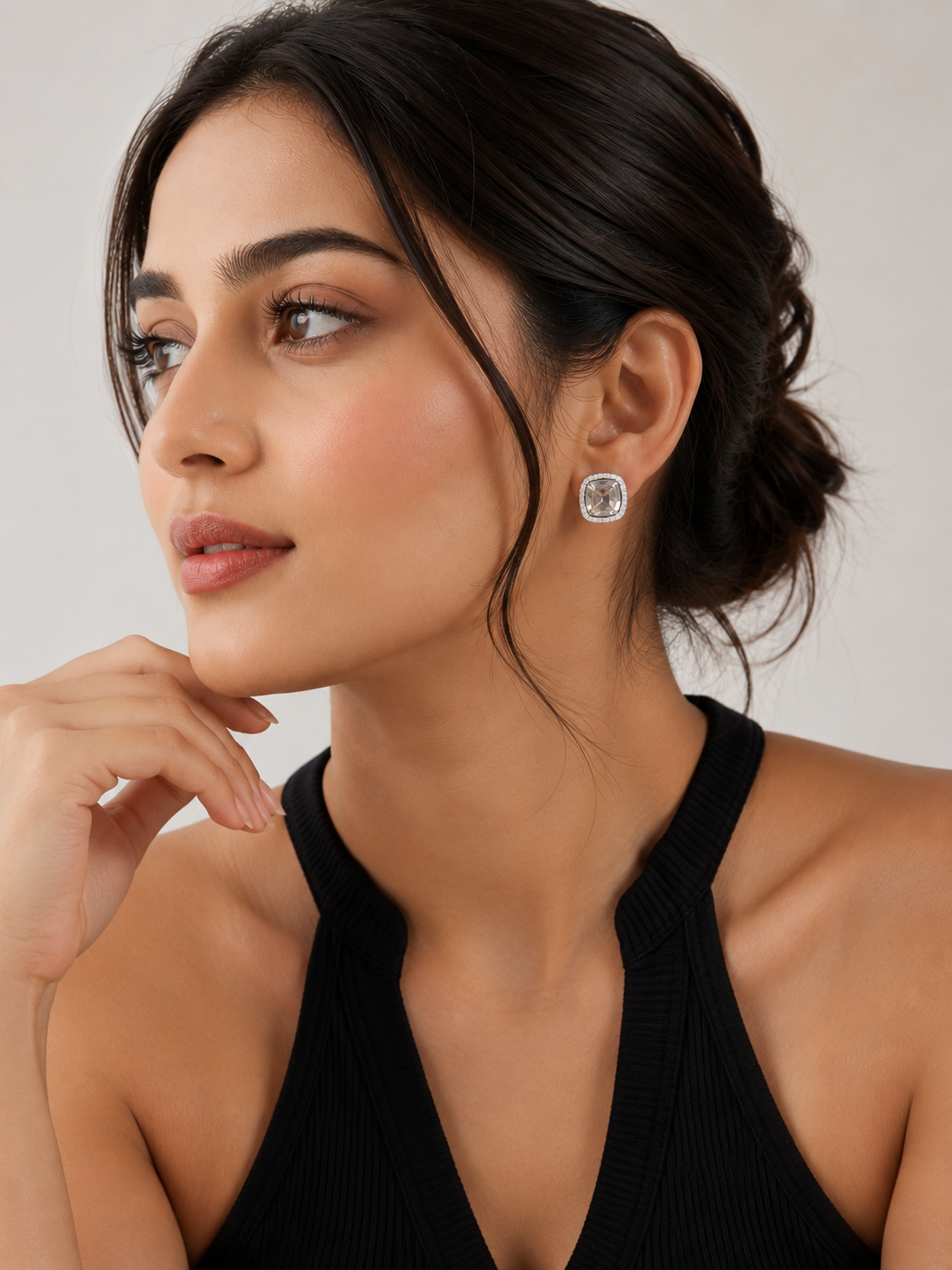 Elvion Radiant Cushion Halo Stud Earrings – Silver-Tone Crystal Elegance