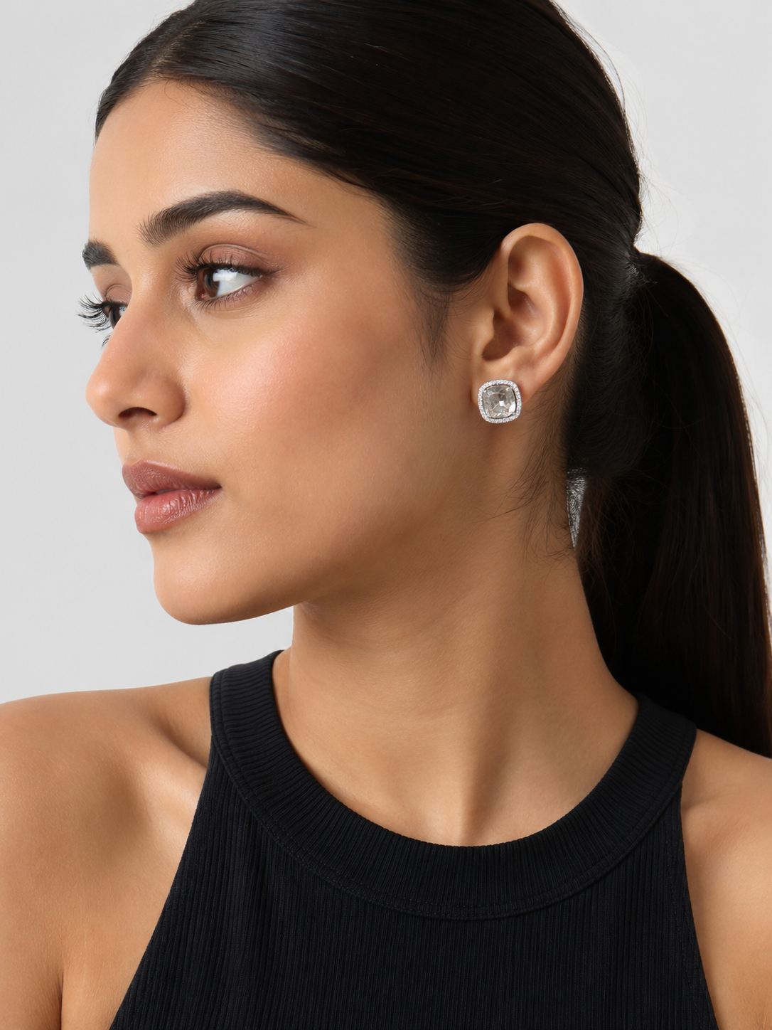 Elvion Radiant Cushion Halo Stud Earrings – Silver-Tone Crystal Elegance