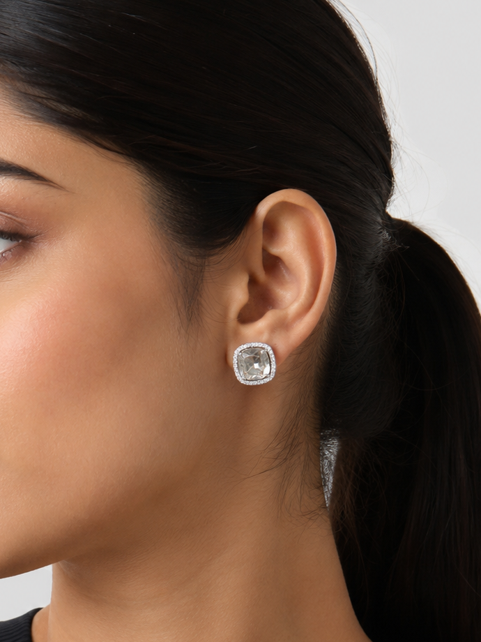Elvion Radiant Cushion Halo Stud Earrings – Silver-Tone Crystal Elegance