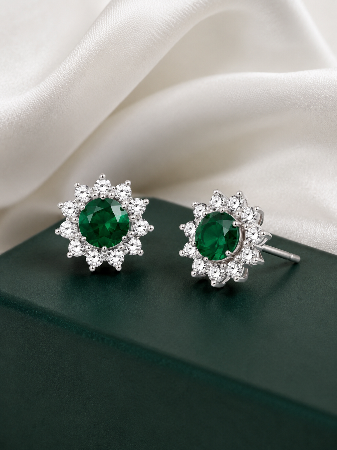 Emerald Bloom Halo Stud Earrings | Silver-Plated Crystal Floral Earrings