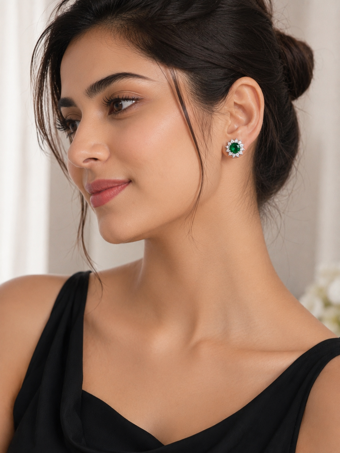 Emerald Bloom Halo Stud Earrings | Silver-Plated Crystal Floral Earrings