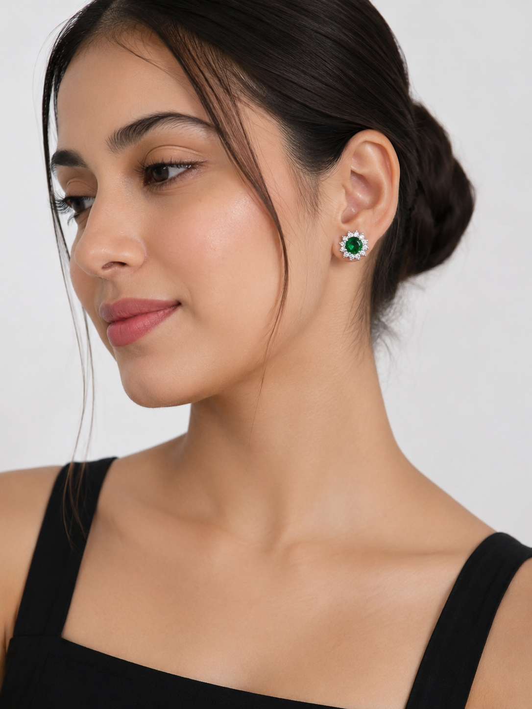 Emerald Bloom Halo Stud Earrings | Silver-Plated Crystal Floral Earrings