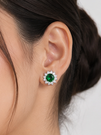 Emerald Bloom Halo Stud Earrings | Silver-Plated Crystal Floral Earrings