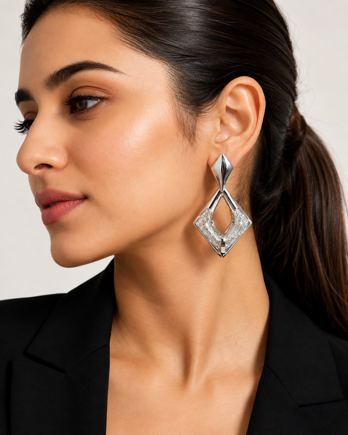 Silver Geometric Diamond Drop Earrings – Modern Statement