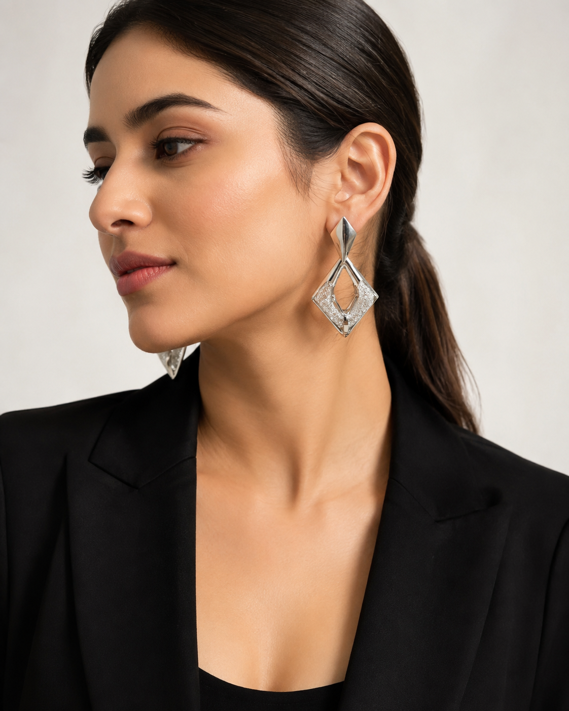 Silver Geometric Diamond Drop Earrings – Modern Statement