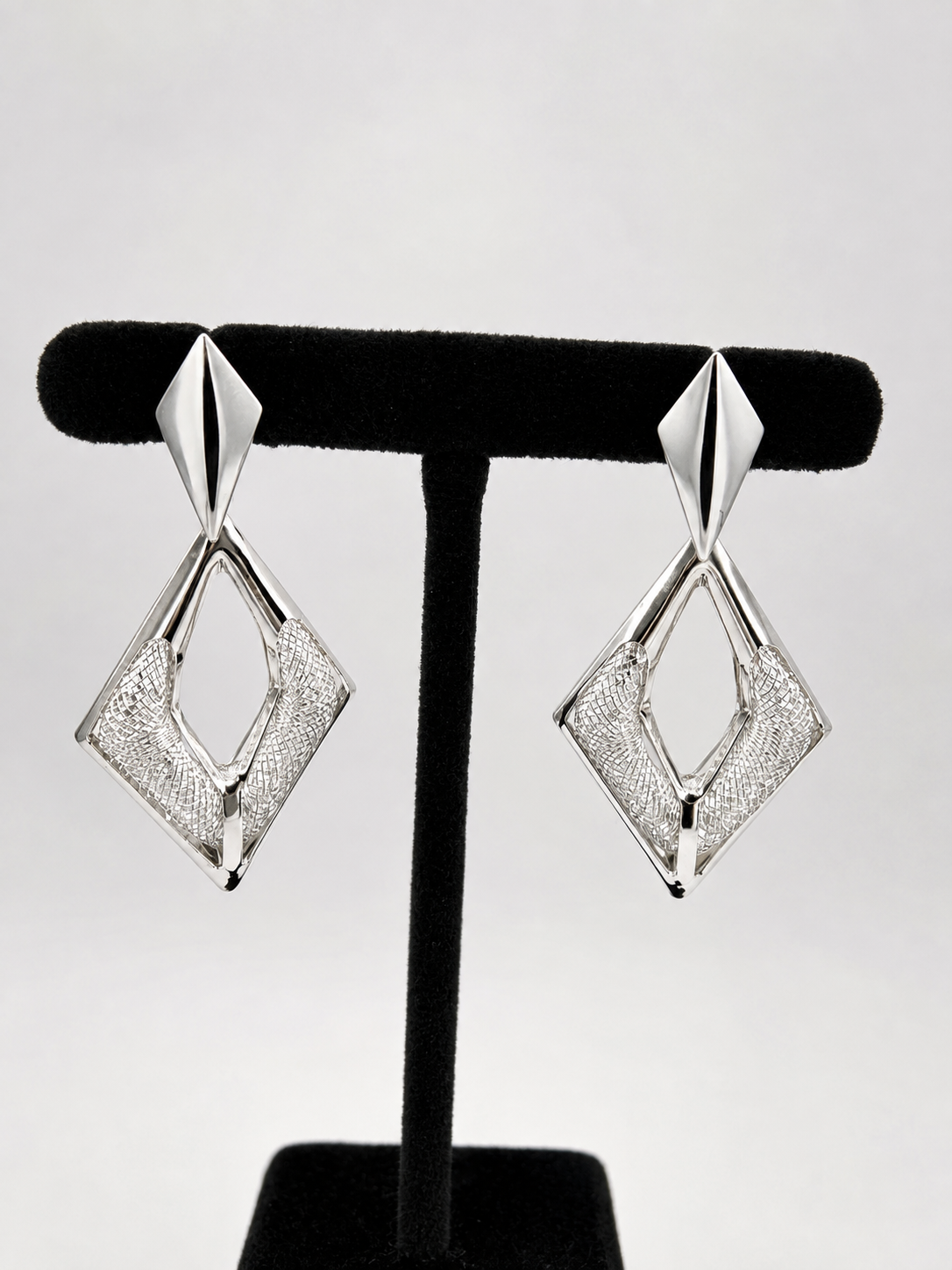 Silver Geometric Diamond Drop Earrings – Modern Statement