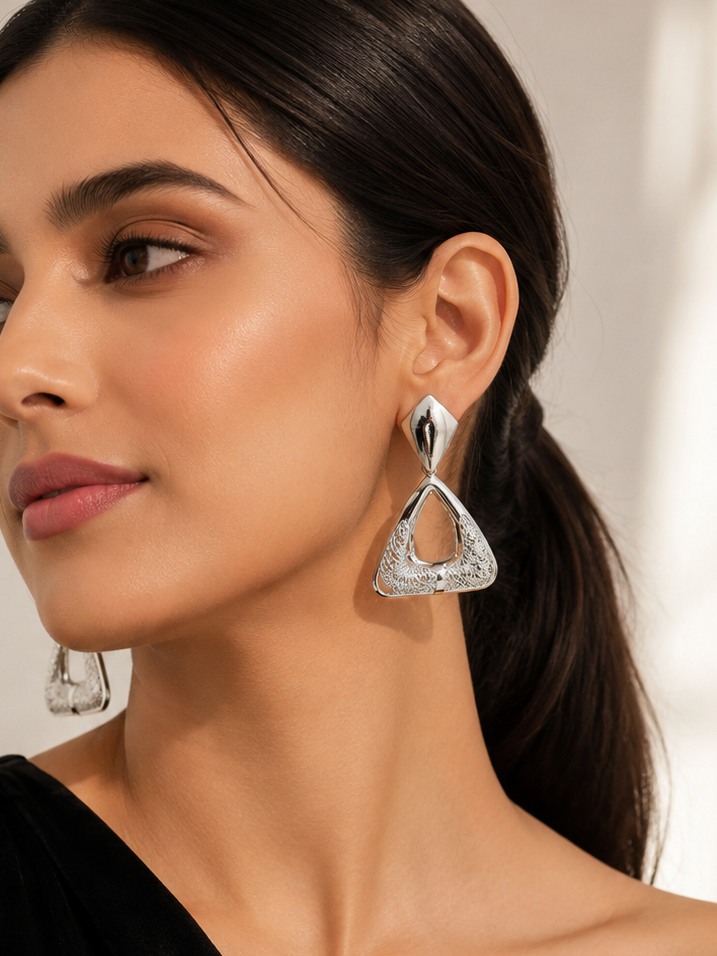 Silver Geometric Triangle Drop Earrings – Contemporary Statement