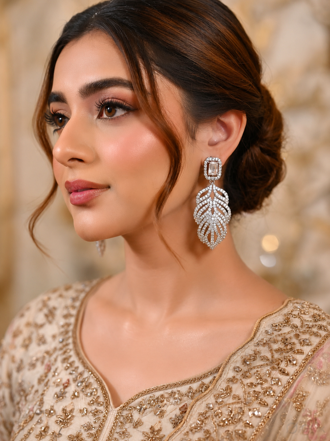 Elegant Diamond Leaf Drop Earrings