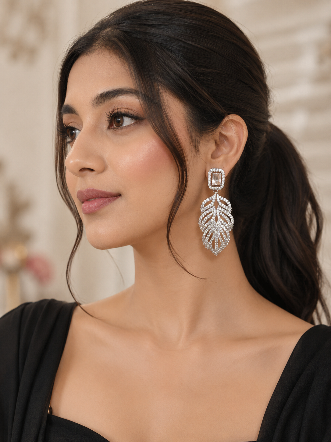 Elegant Diamond Leaf Drop Earrings
