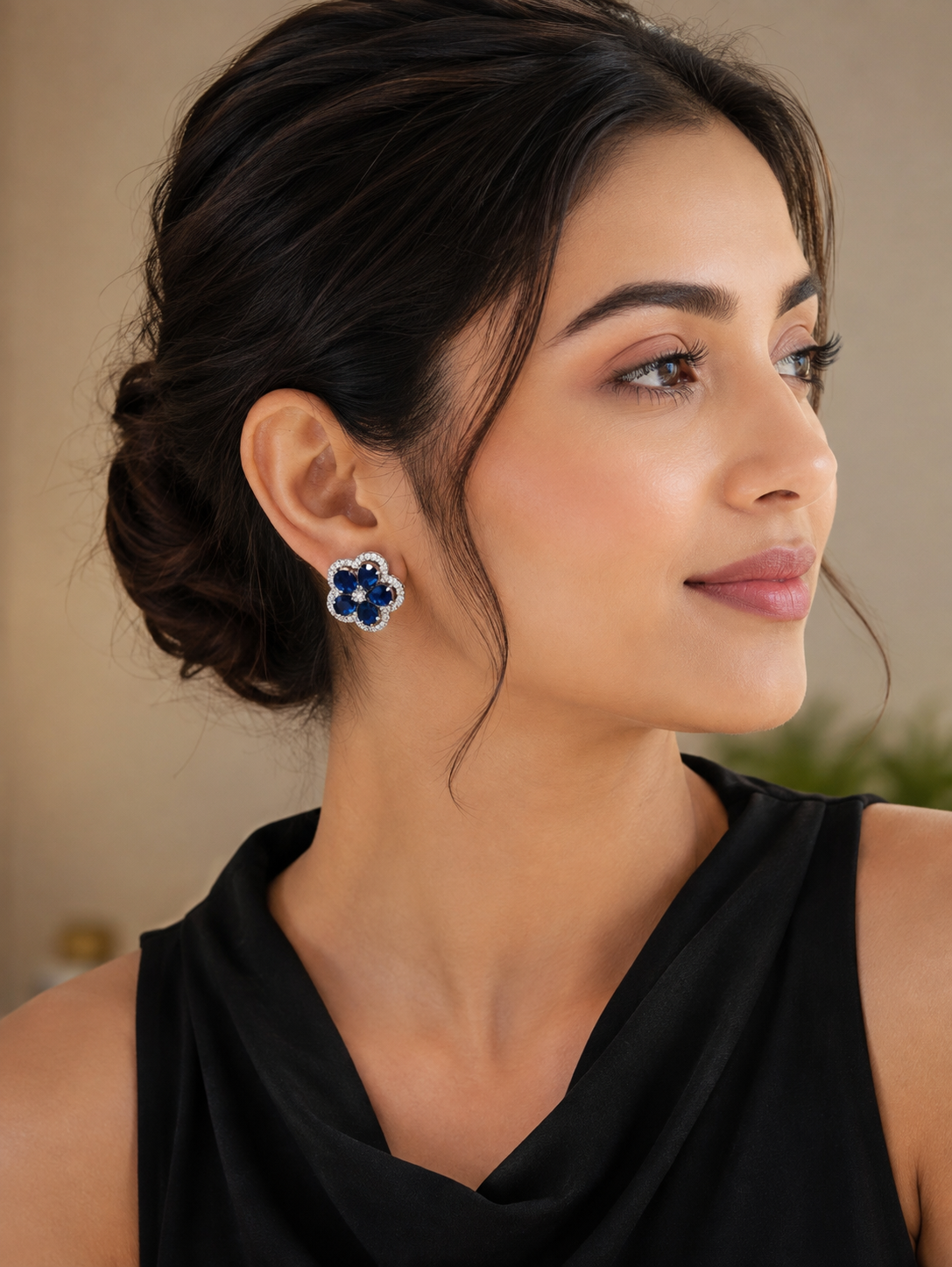 Royal Blue Floral Diamond Stud Earrings