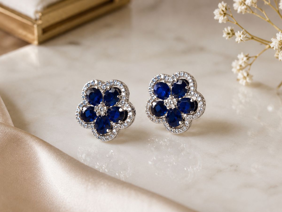 Royal Blue Floral Diamond Stud Earrings
