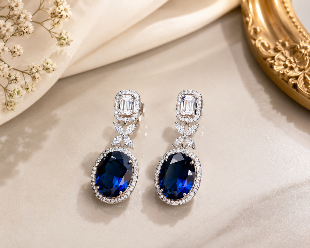 Royal Oval Sapphire Diamond Drop Earrings