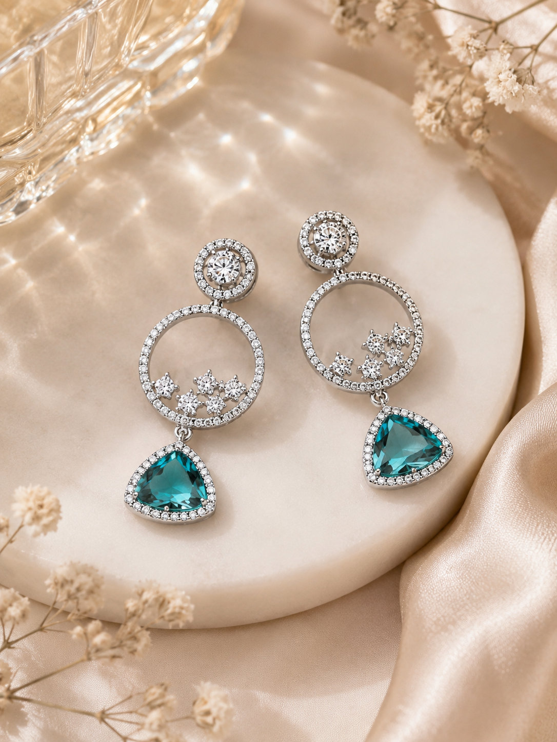 Aqua Circle Diamond Drop Earrings