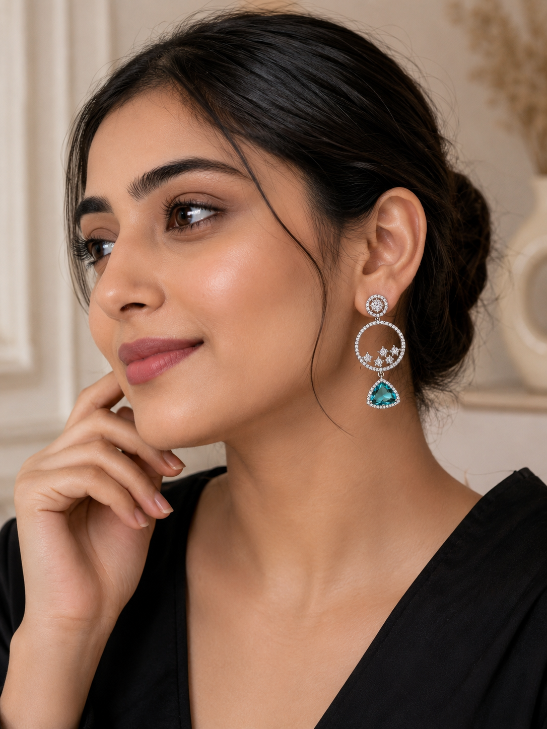 Aqua Circle Diamond Drop Earrings