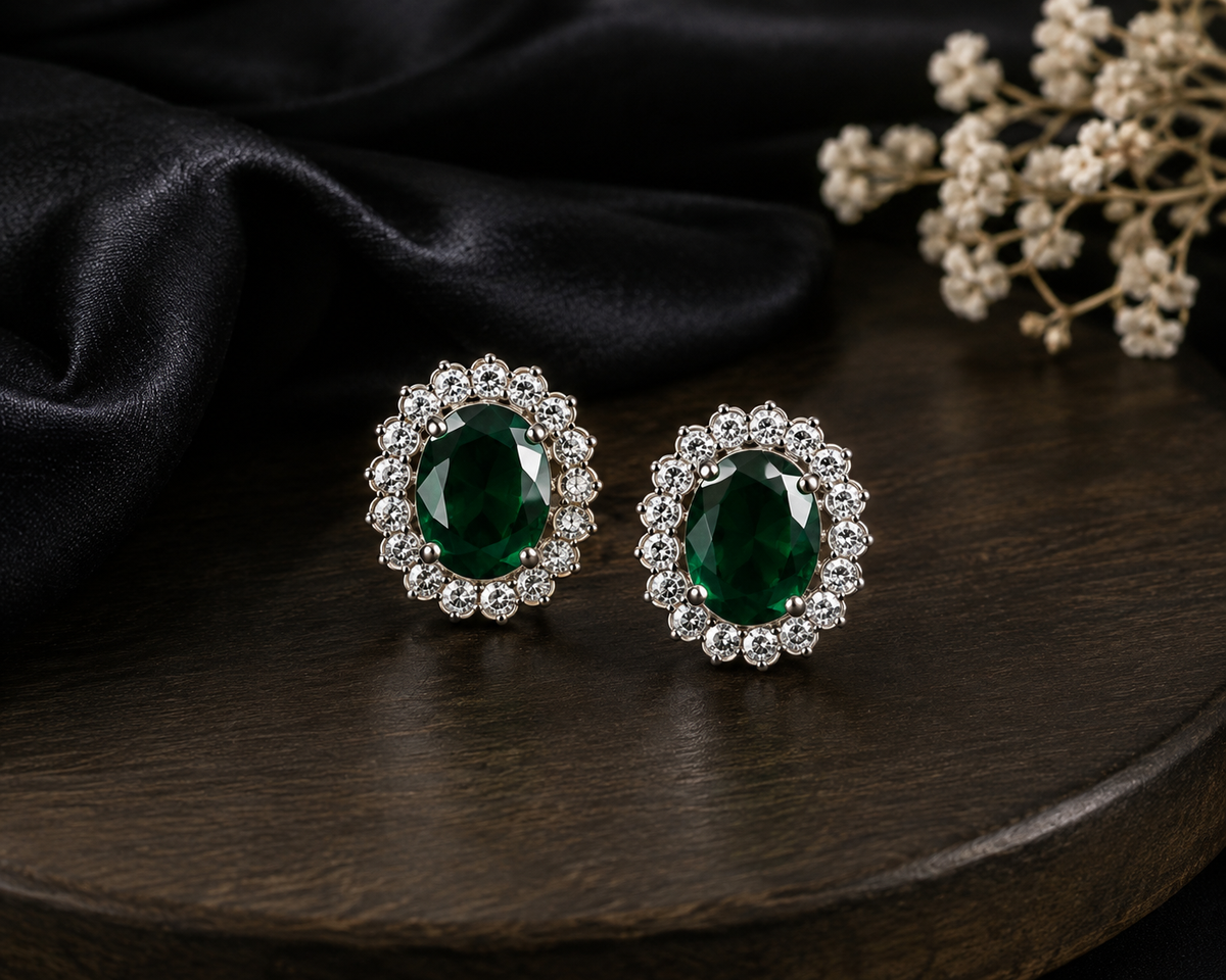 Emerald Halo Classic Stud Earrings