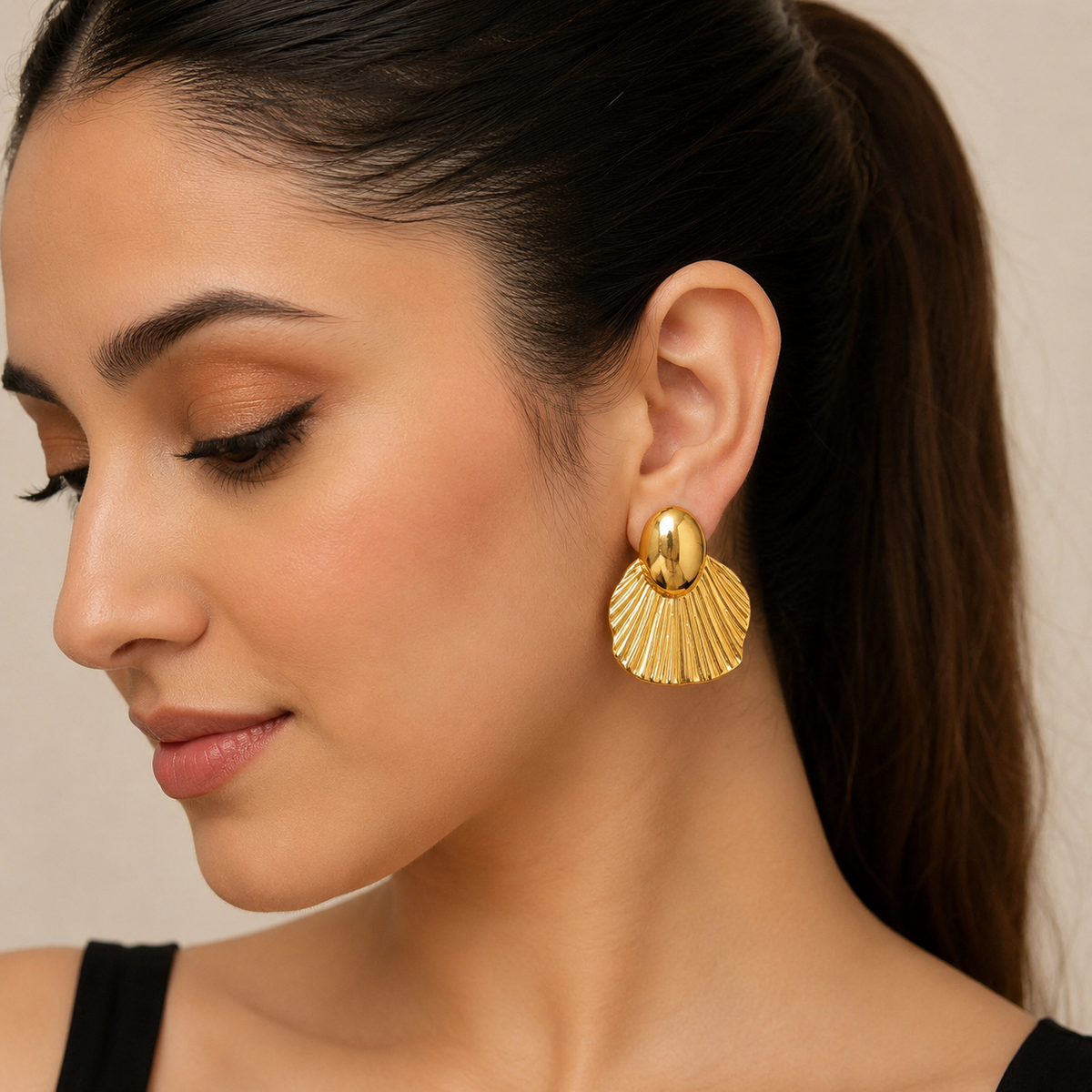 Elegant Textured Gold Fan Drop Earrings