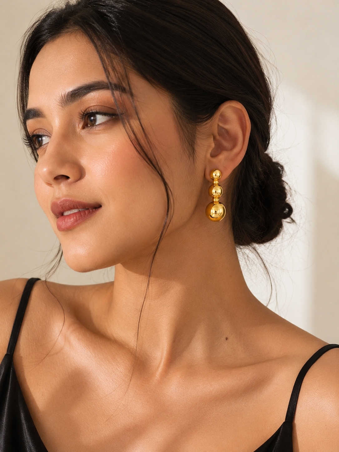 Elegant Triple Ball Glossy Gold Drop Earrings