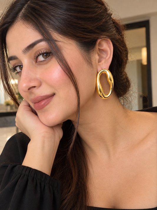 Elegant Oval Hollow Glossy Gold Statement Earrings