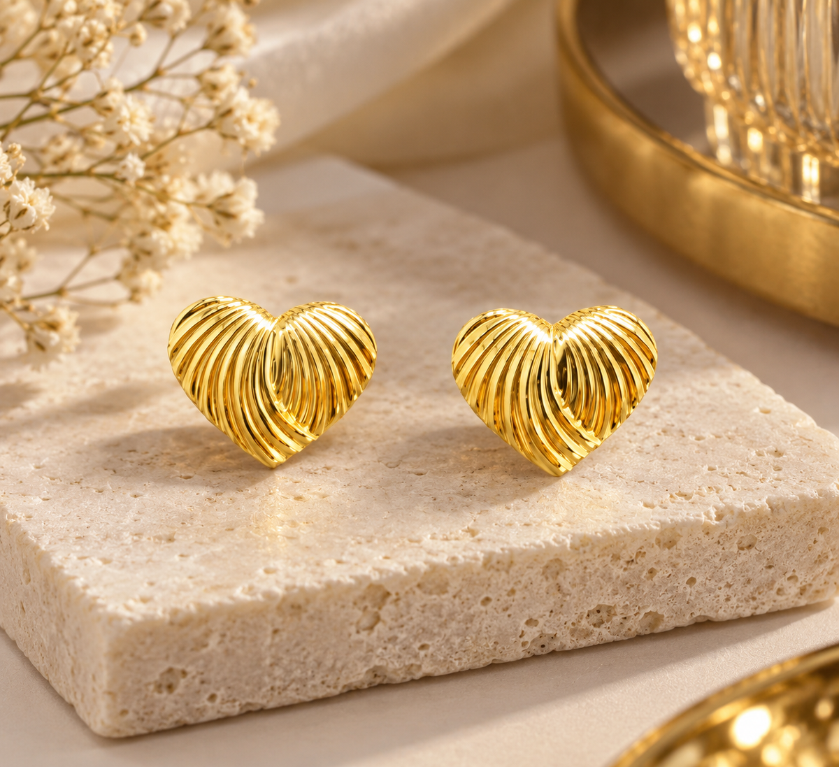 Elegant Textured Heart Gold Stud Earrings