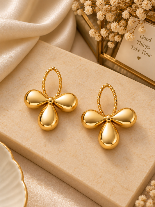 Gold Floral Drop Hoop Earrings – Bold Statement Elegance