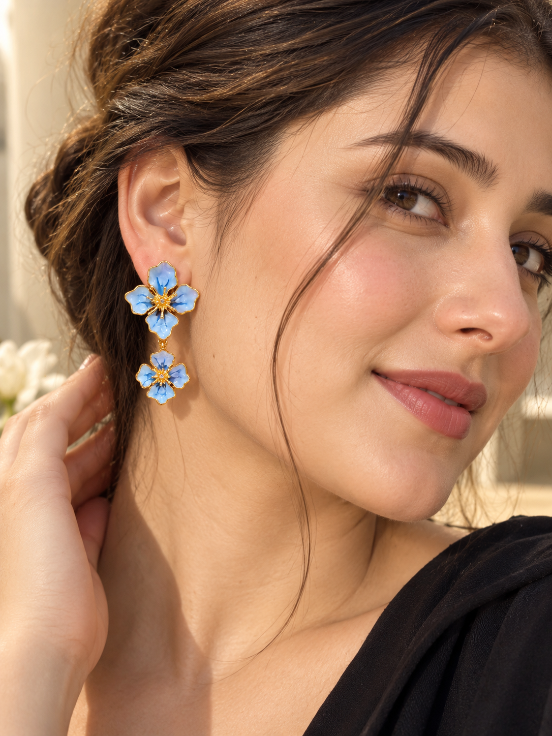 Blue Blossom Drop Earrings – Elegant Floral Statement Earrings
