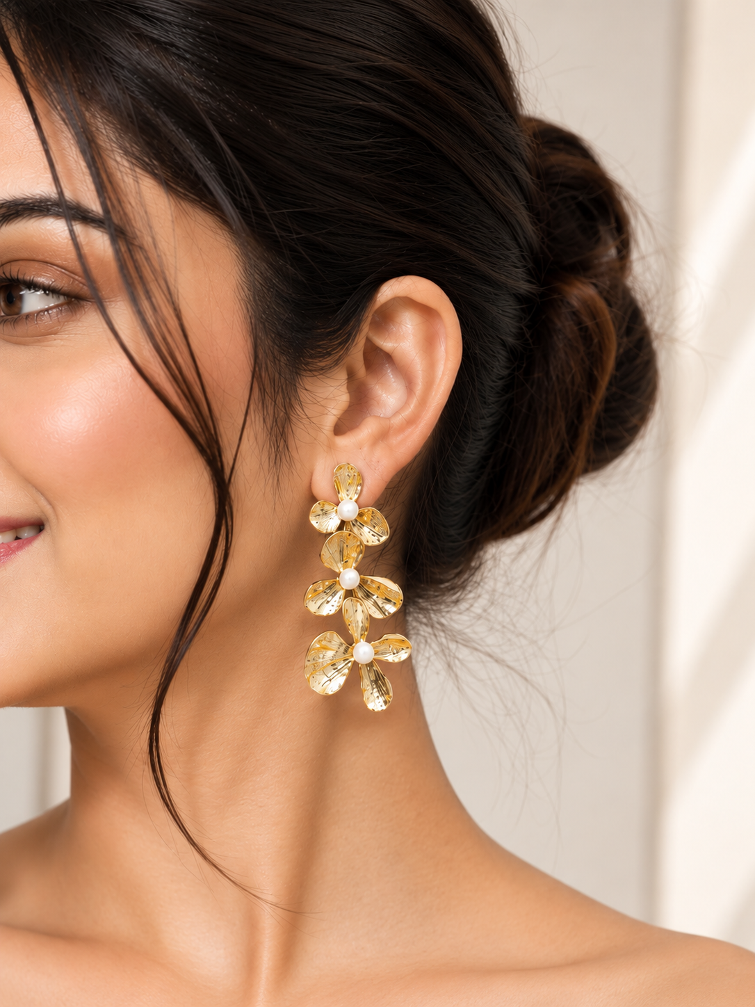 Golden Bloom Pearl Floral Drop Earrings | Elegant Statement Earrings