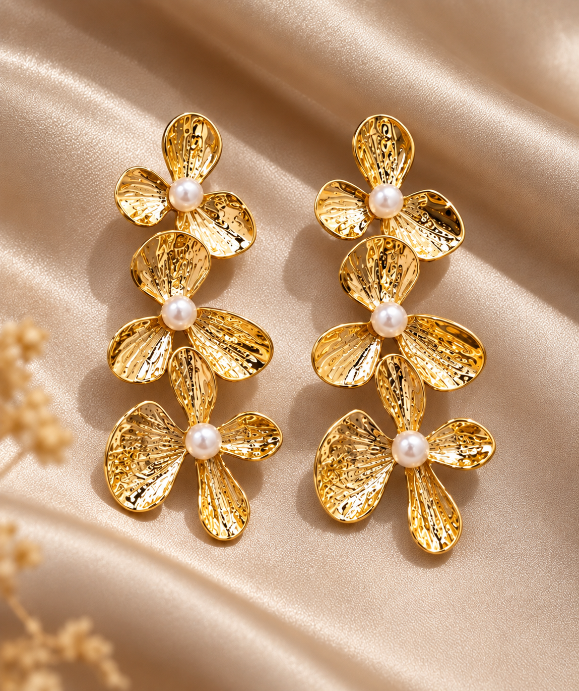 Golden Bloom Pearl Floral Drop Earrings | Elegant Statement Earrings