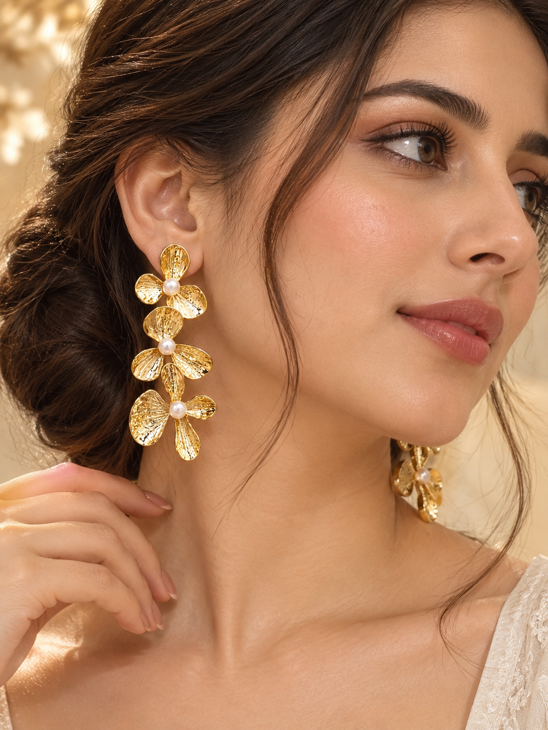 Golden Bloom Pearl Floral Drop Earrings | Elegant Statement Earrings