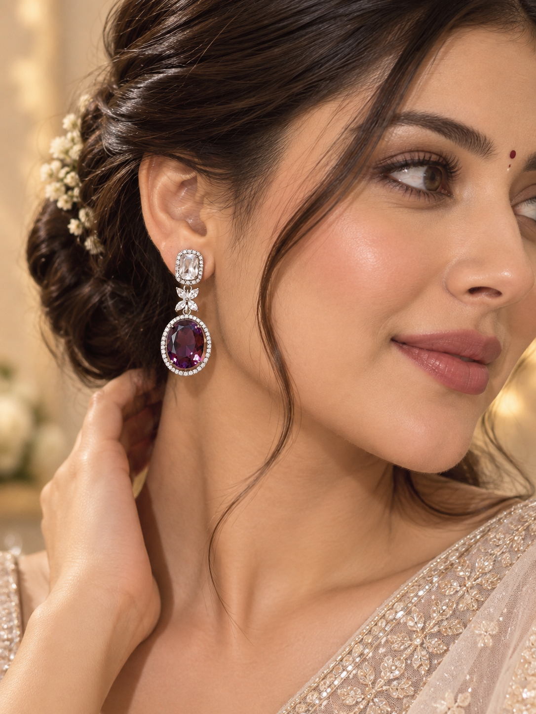 Royal Amethyst Halo Drop Earrings | Luxury Crystal Statement Earrings