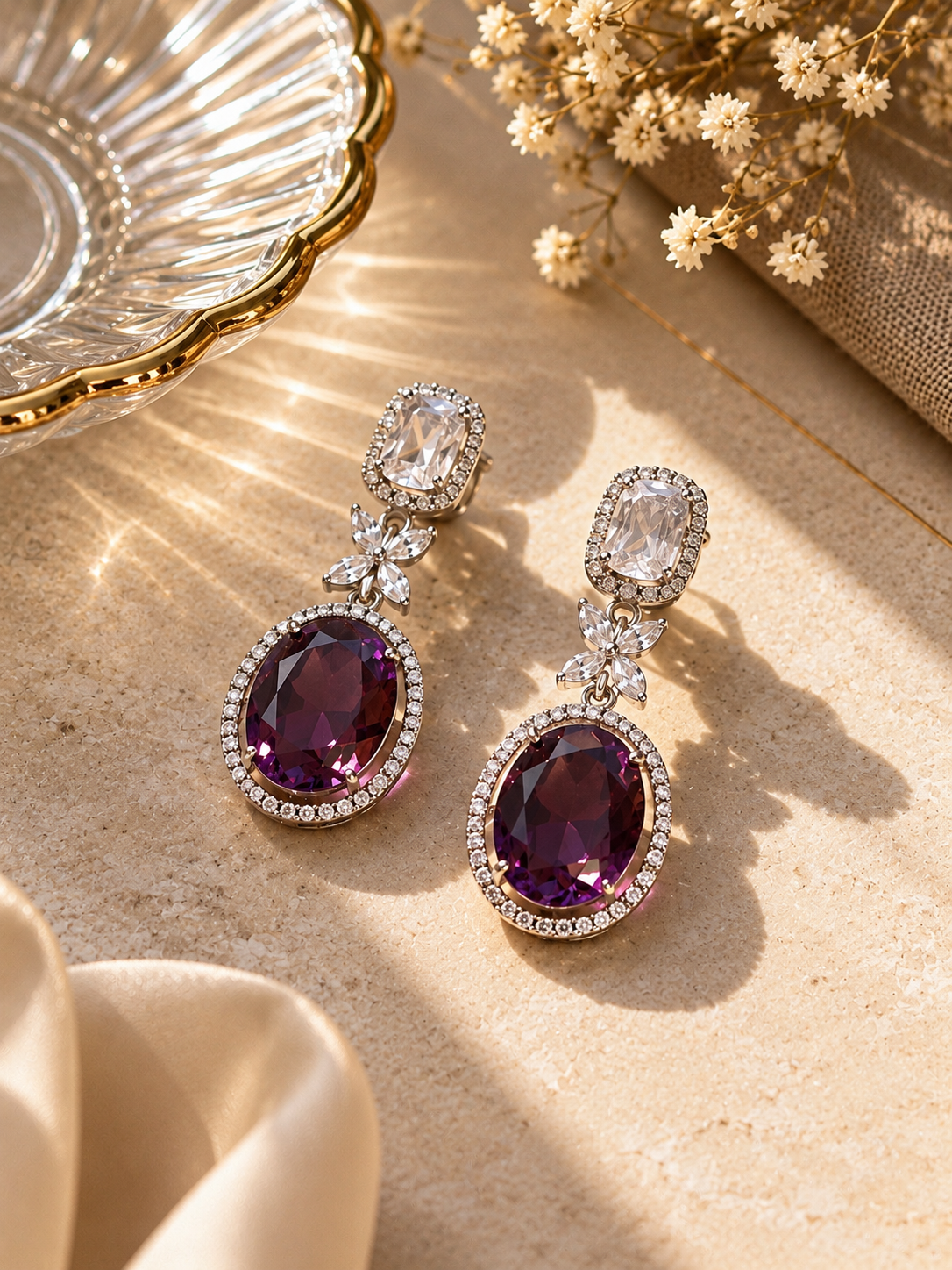 Royal Amethyst Halo Drop Earrings | Luxury Crystal Statement Earrings