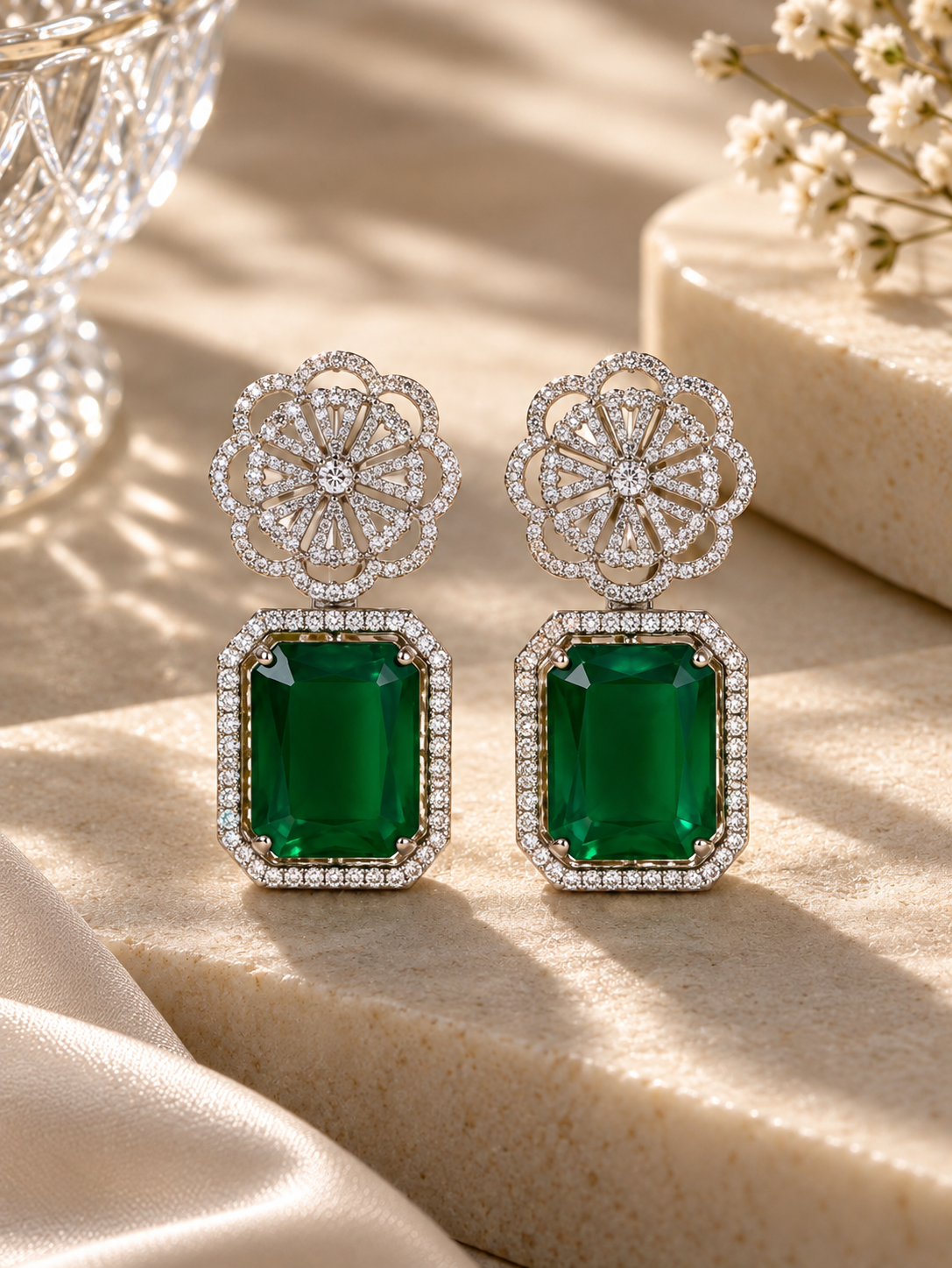 Emerald Bloom Statement Earrings – Luxury Crystal Drop Earrings