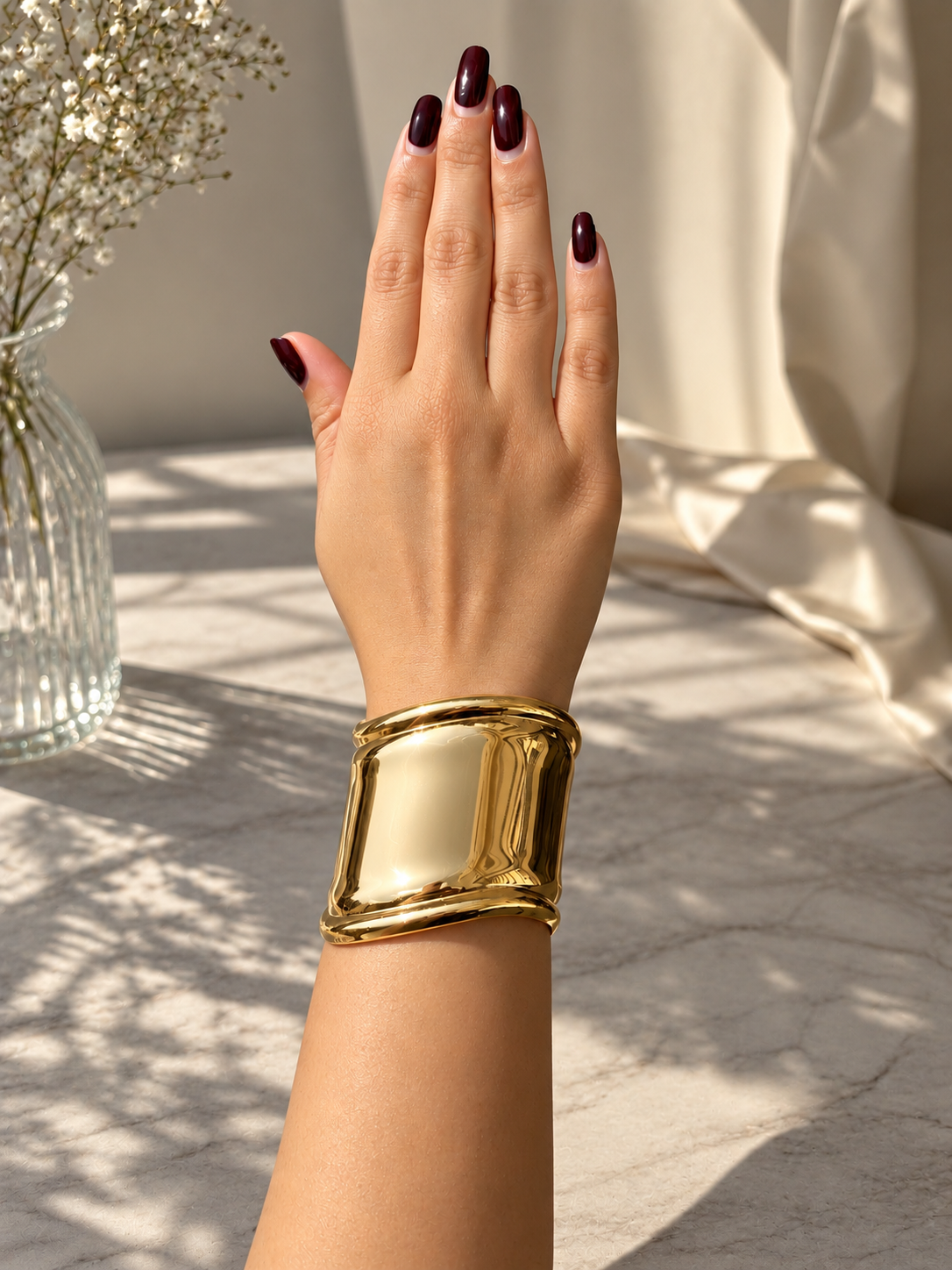 Golden Sculpted Statement Cuff Bracelet for Women | Mirror Finish | Luxury Fashion Jewelry