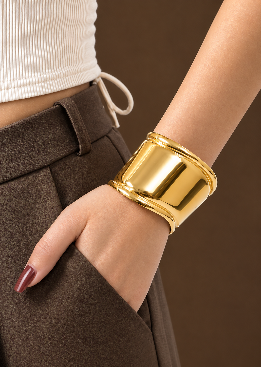 Golden Sculpted Statement Cuff Bracelet for Women | Mirror Finish | Luxury Fashion Jewelry