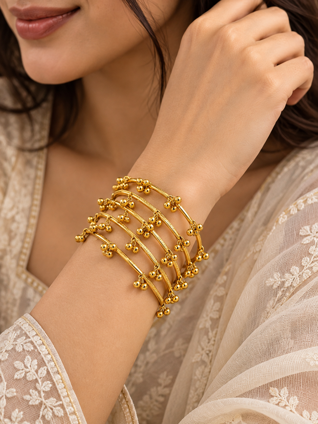Elvion Golden Ghungroo Charm Bangles Set | Traditional Ethnic Gold-Tone Bangles for Women ( Set of 8 )