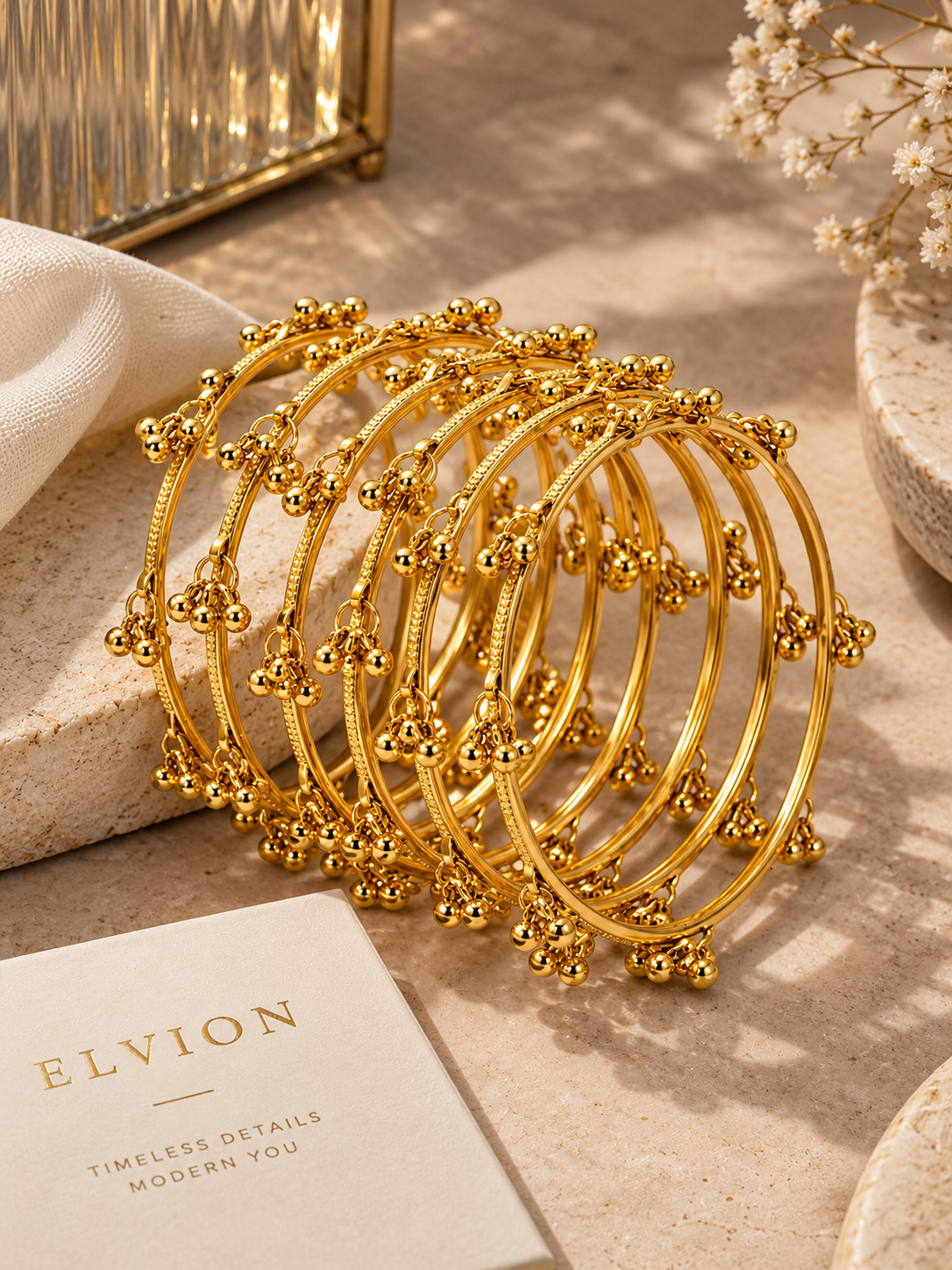 Elvion Golden Ghungroo Charm Bangles Set | Traditional Ethnic Gold-Tone Bangles for Women ( Set of 8 )