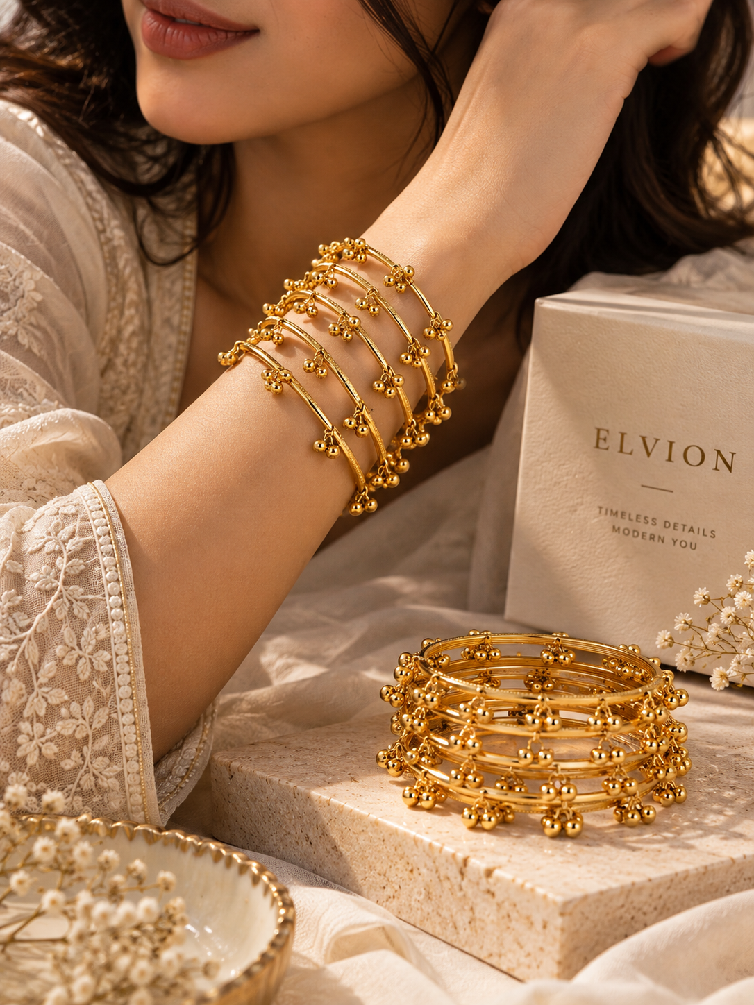 Elvion Golden Ghungroo Charm Bangles Set | Traditional Ethnic Gold-Tone Bangles for Women ( Set of 8 )