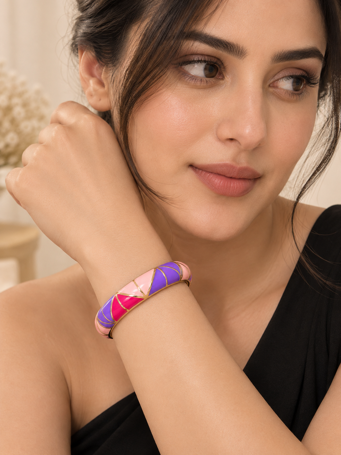 Pastel Mosaic Enamel Gold-Tone Bangle Bracelet | Statement Fashion Bracelet for Women
