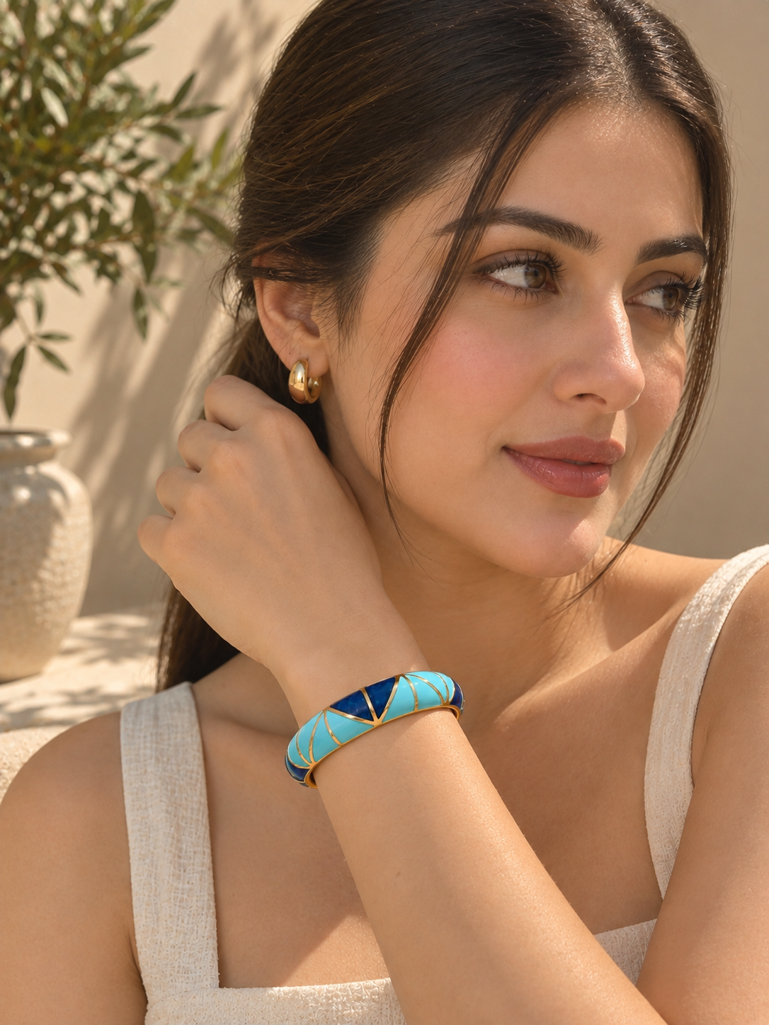 Elvion Turquoise & Navy Geometric Enamel Bangle Bracelet | Gold-Tone Statement Cuff for Women