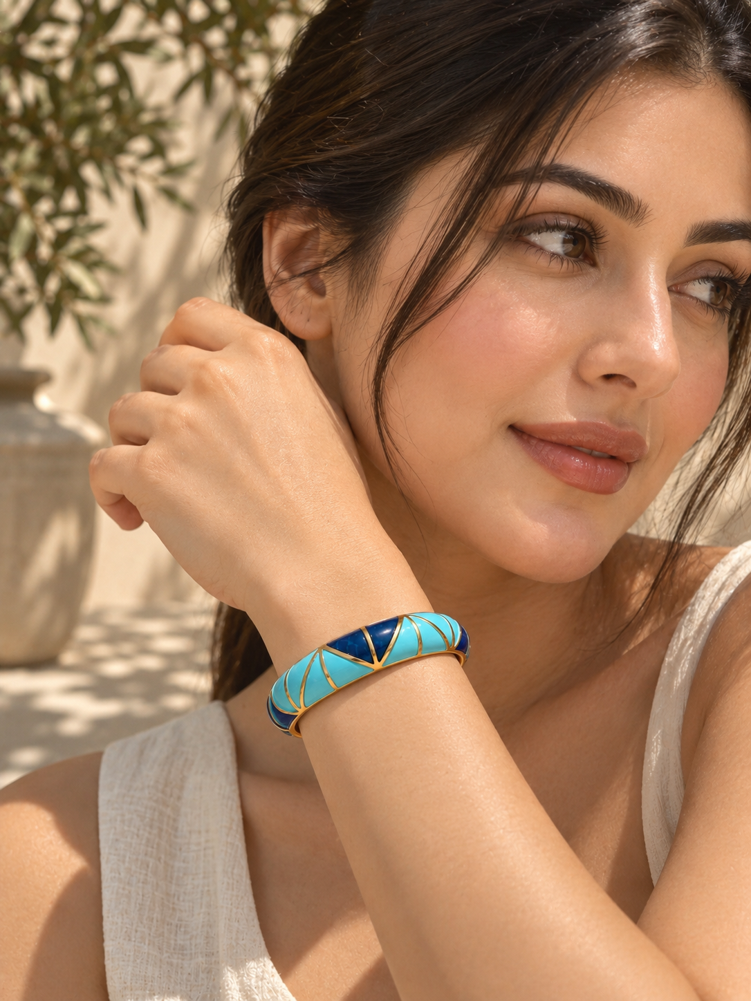 Elvion Turquoise & Navy Geometric Enamel Bangle Bracelet | Gold-Tone Statement Cuff for Women