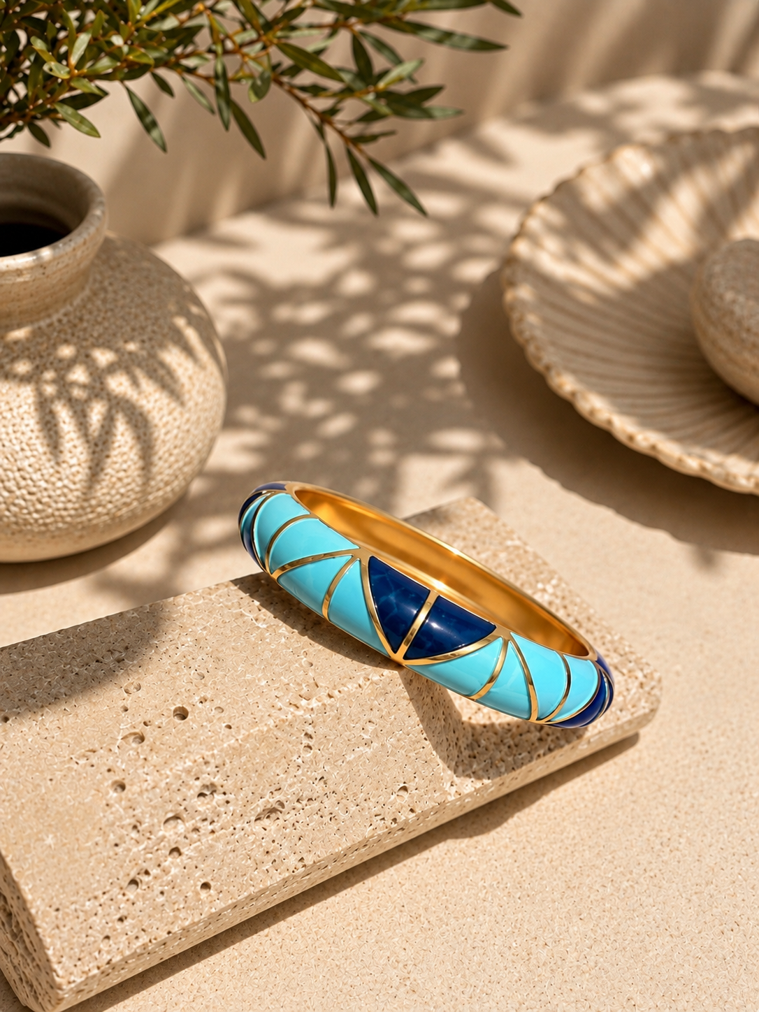 Elvion Turquoise & Navy Geometric Enamel Bangle Bracelet | Gold-Tone Statement Cuff for Women