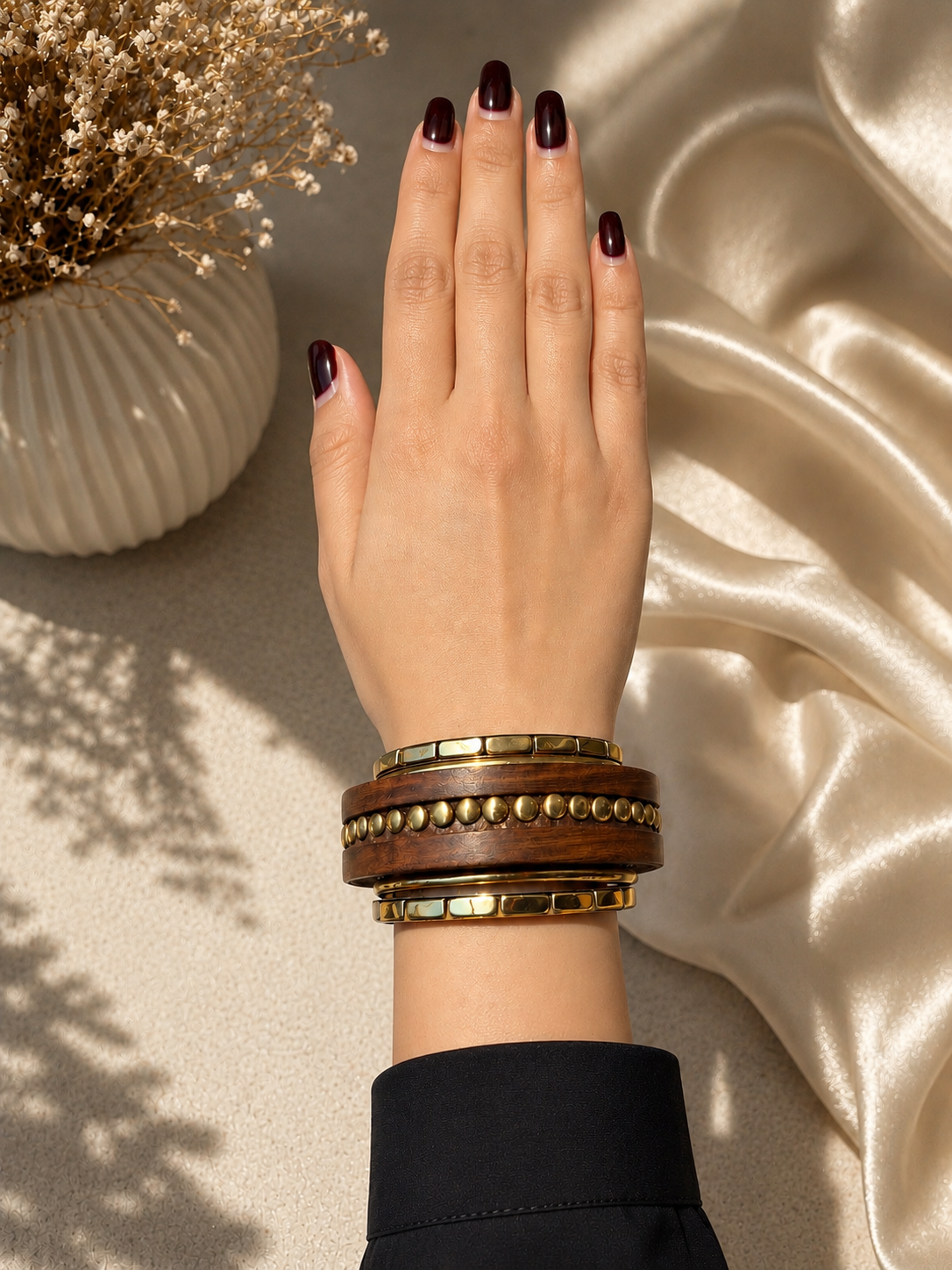 Elvion Artisan Wooden & Gold-Tone Kada Set | Boho Luxe Statement Stack Bracelet for Women