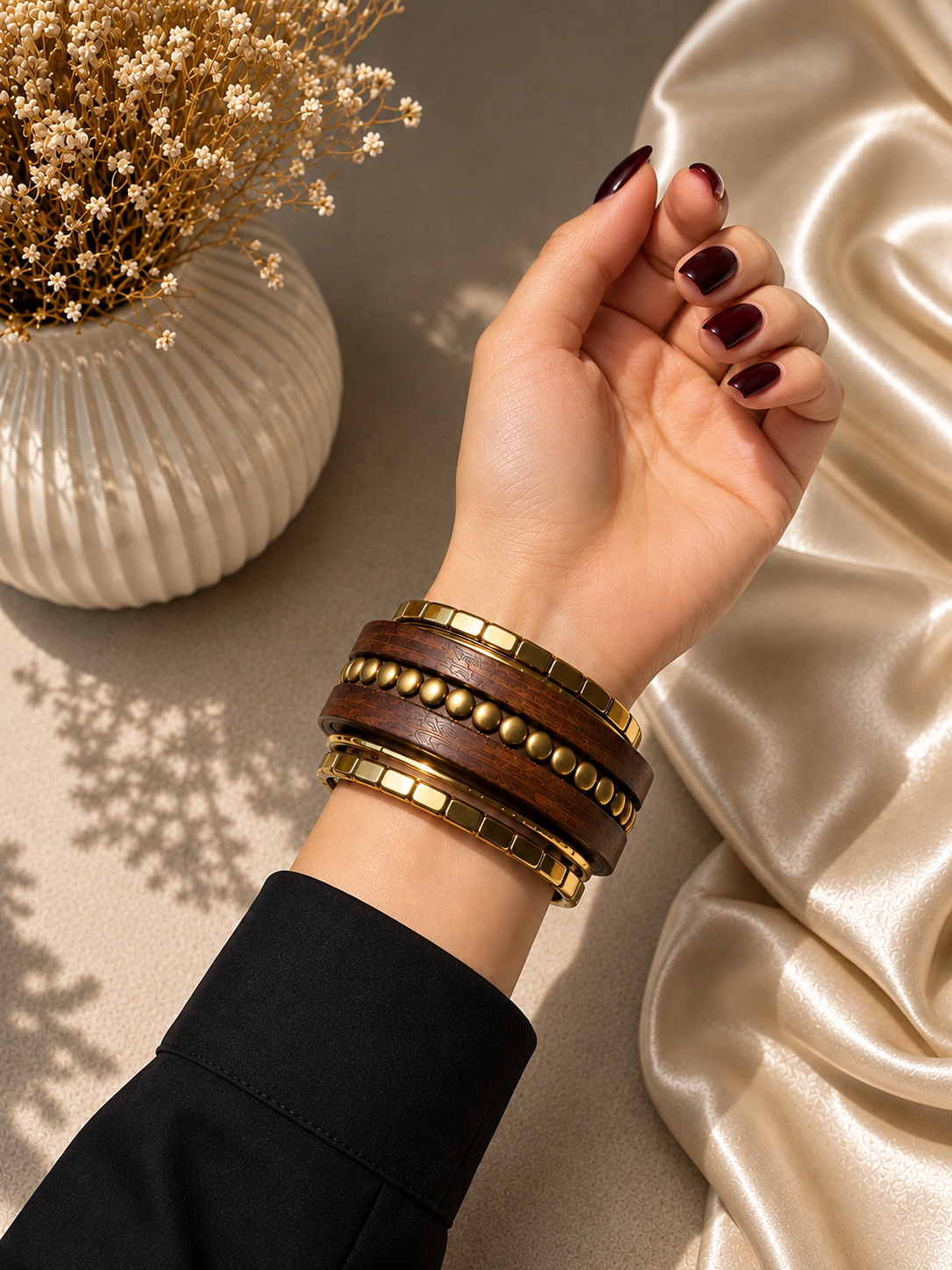 Elvion Artisan Wooden & Gold-Tone Kada Set | Boho Luxe Statement Stack Bracelet for Women