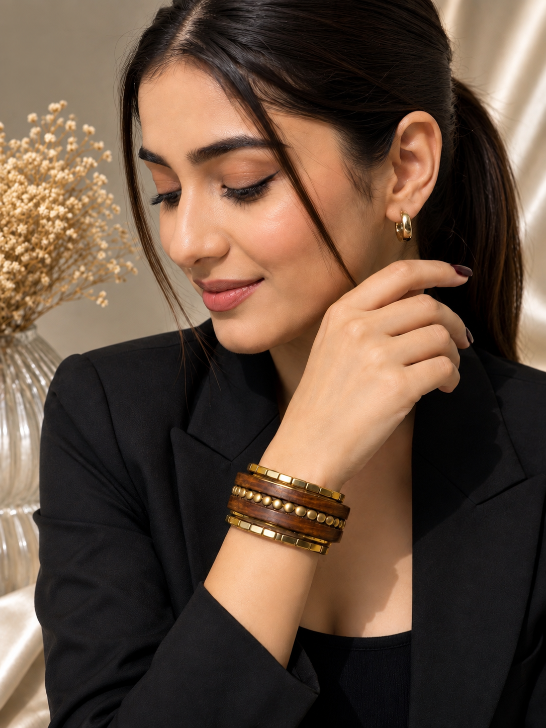 Elvion Artisan Wooden & Gold-Tone Kada Set | Boho Luxe Statement Stack Bracelet for Women