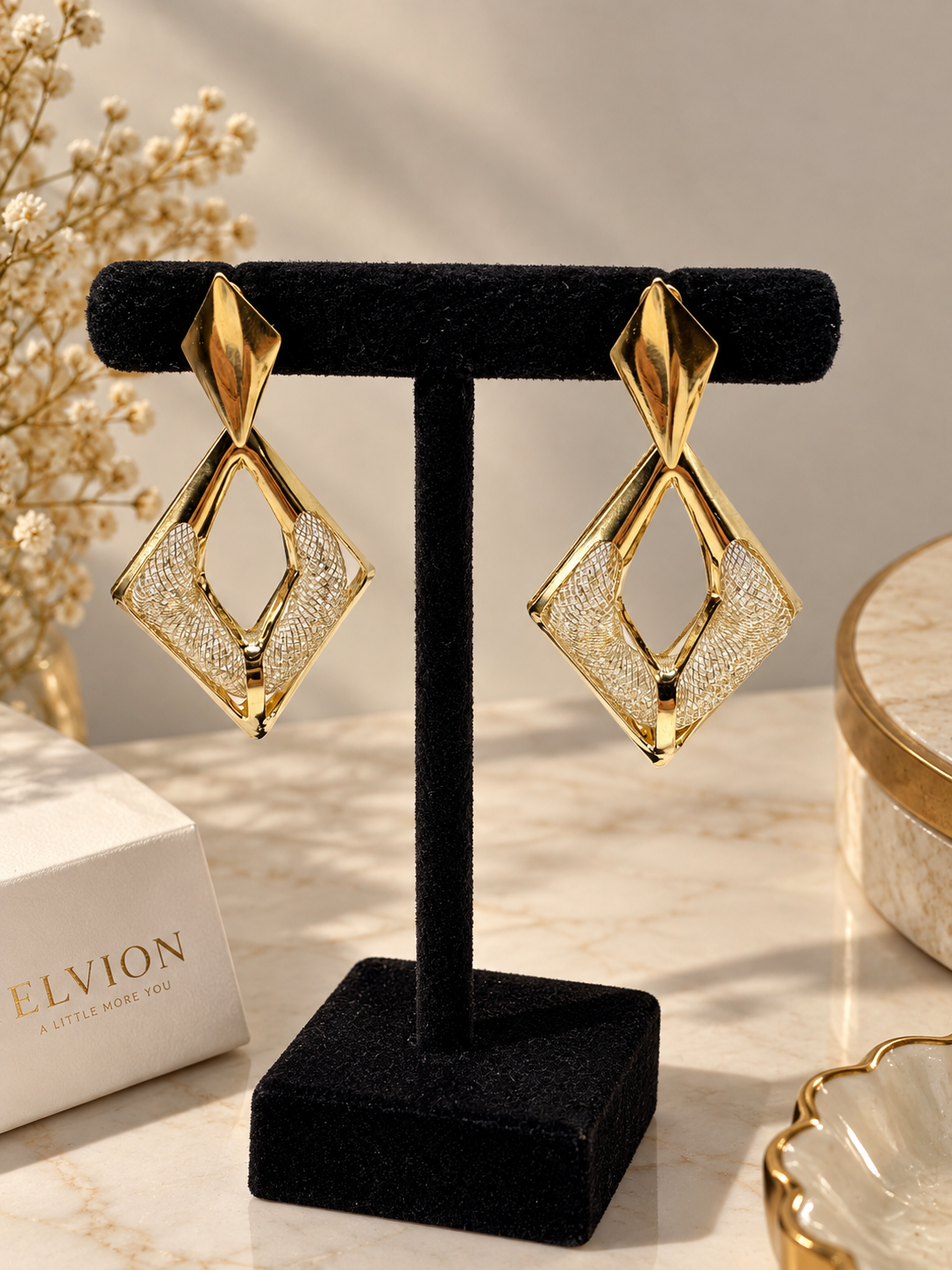 Golden Diamond Drop Earrings – Geometric Statement Elegance